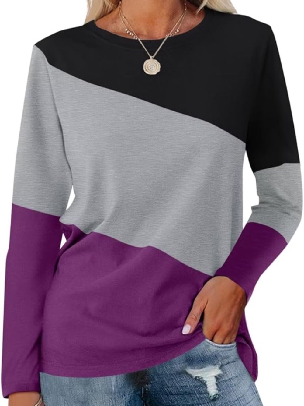 ORANDESIGNE  Color Block Long Sleeve Tunic Striped Crew Neck Large